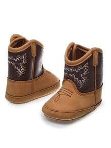 Zapatos marrones para bebé al estilo de botas vaqueras, botas para bebé, con patrón bordado vintage, zapatos planos, botas altas antideslizantes para primeros pasos, botas deportivas para exteriores para bebés y niños pequeños en primavera/otoño