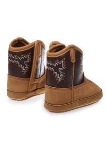 Zapatos marrones para bebé al estilo de botas vaqueras, botas para bebé, con patrón bordado vintage, zapatos planos, botas altas antideslizantes para primeros pasos, botas deportivas para exteriores para bebés y niños pequeños en primavera/otoño