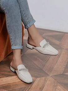 Women's Fashionable Patchwork Metallic Chain Closed Toe Mule Slippers, Comfortable Round Toe Slip-On Flat Shoes - Apricot - View 2