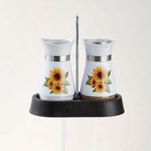 kumlioon Juego de salero y pimentero, salero y pimentero con forma de girasol con soportes para el mango - Decoración moderna de cocina de vidrio - Juego de salero y pimentero para el hogar, restaurante, boda - Accesorios de cocina lindos y elegantes, saleros, pimenteros, saleros y pimenteros de vidrio con base estable para utensilios de cocina, mesa, caravana, camping, barbacoa, botella rociadora, suministros de cocina