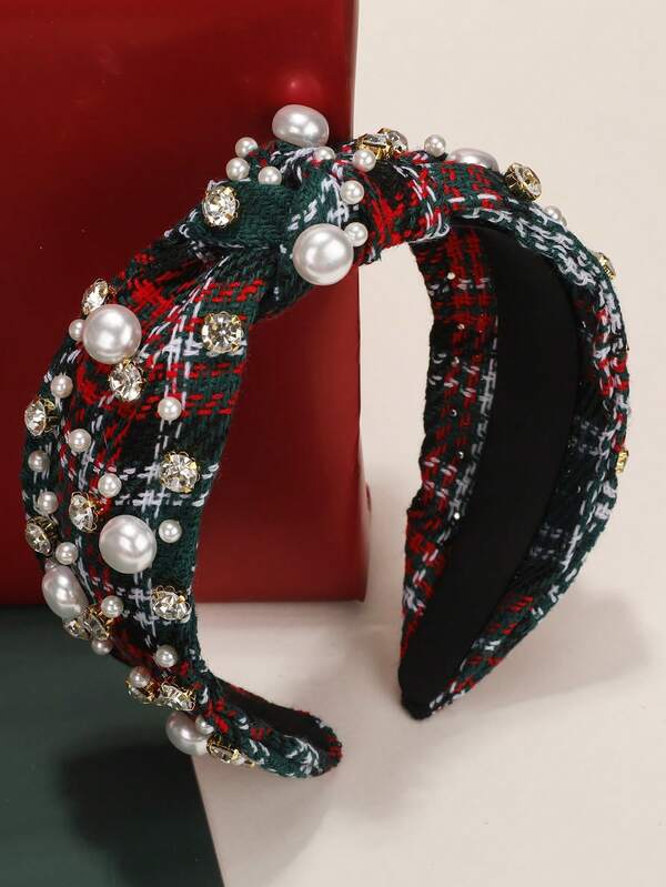 White Faux Pearl & Rhinestone Decor Women's Headband, Wide Top Knot, Red & Green Plaid, Casual, Cute, Elegant, Made Of Polyester Fiber
