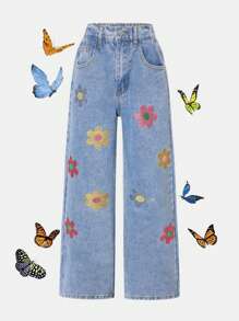 Teen Girls High Waist Straight Leg Embroidered Versatile Jeans, Suitable For Outdoor Wear