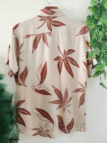 Floral Hawaiian Beach Shirt Summer Men's Short Sleeve Button Down 100% Viscose Fabric Shrinks A Little - Màu Khaki - Xem 2