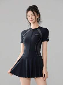 1pc Fashion Letter Print Solid Color Sleeveless Romper Shorts Dress, Sports & Leisure Elastic Slim Flattering For Spring/Summer Beach Pool Party, Swimming, Surfing, Quick Dry Knitted Material Women Swimsuit - Grey - View 2