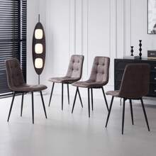 Fax Leather Dining Chairs Set Of 4 - Modern Kitchen Chairs With Metal Legs, Dinner Chair With Upholstered Cushion Seat & Square-Patterned Backrest For Dining Living Room, Bedroom, Brown