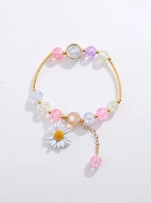 1 Pc Daisy Elastic Bracelet With Colorful Bead, Cute Sunflower Friend Gift, Student Accessory