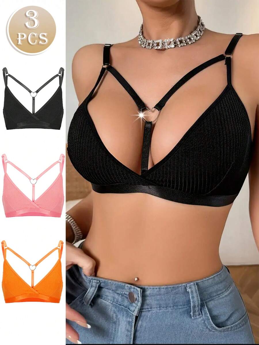 3 chiếc áo ngực trang trí hình trái tim rỗng màu trơn đơn giản - Nhiều màu - Xem 1