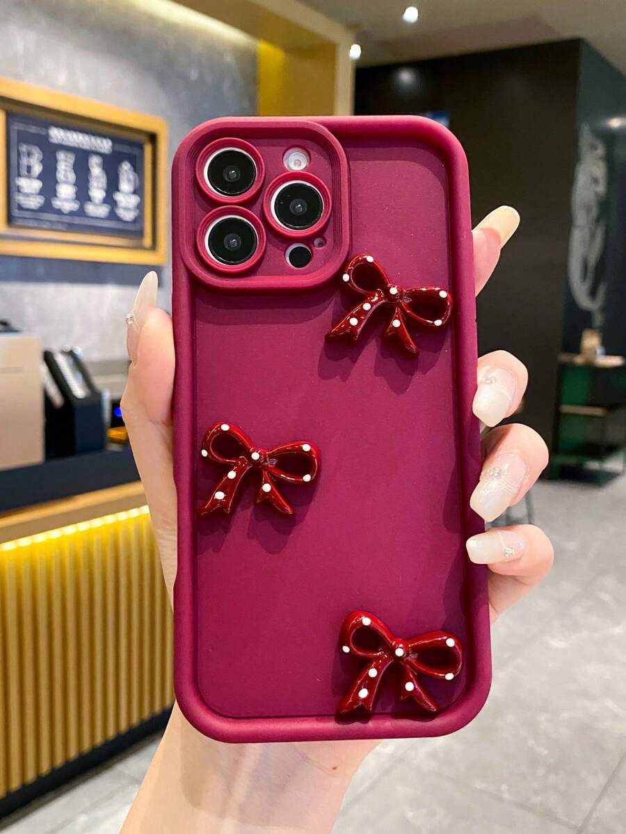 1pc Burgundy 3D Bowknot TPU Shockproof Phone Case, Fits For IPhone 16