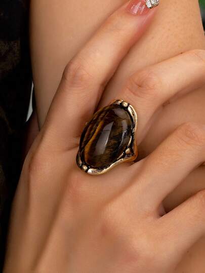1 خاتم حجر عين النمر الفاخر، خاتم حجر طبيعي سميك للنساء، مجوهرات كلاسيكية ذهبية اللون، هدية خاتم فاخر (اللون عشوائي)