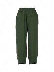 Women Summer Ninth Pants Solid Color Middle Waist Loose Casual Trousers With Pockets For Girls, 5 Colors, S-5XL - 軍綠色 - 查看 2