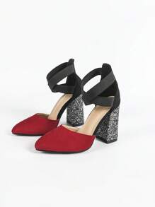 Wide Width & Extra Wide High Heel Criss-Cross Elastic Pointed Toe Chunky Heel Versatile Pumps
