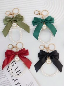1 Elegant Faux Pearl And Bow Decoration Keychain Pendant With Creative Colorful Woven Ribbon Fabric Knot Accessories, Headphone And Mobile Bag Accessories