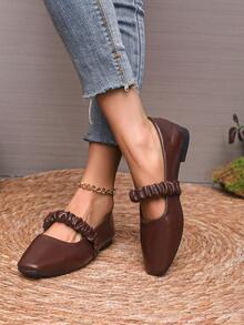 棕色方头平底鞋，玛丽珍风格，女士新款休闲皮革乐福鞋，步行便鞋 - 棕色 - 查看 2