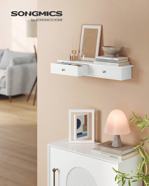 SONGMICS Mensola da Muro, Mensola da Parete con 2 Cassetti, Portata di 15 kg, 15 x 65 x 10 cm, Ingresso Soggiorno Ufficio, Montaggio Facile, Salvaspazio, Design Moderno, Bianco