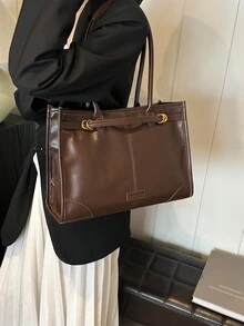 BEIKAMU 1 件亮面 PU 皮革手提包，别致简约高品质大容量复古通勤单肩手提包 - 咖啡棕 - 查看 7