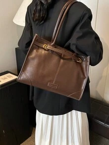 BEIKAMU 1 件亮面 PU 皮革手提包，别致简约高品质大容量复古通勤单肩手提包 - 咖啡棕 - 查看 5