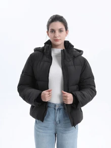 Women's Winter Puffer Jackets With Removable Hood,Zip Pockets,Stand Collar,Warm Ladies Quilted Coat