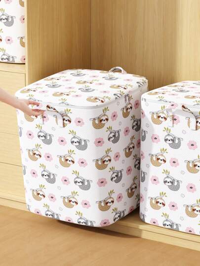 1PC Cute Cartoon Sloth Pattern Storage Bag, White Storage Bag, Toy Storage Bag, Miscellaneous Storage Bag, Home Portable Storage Bag, Cabinet Storage Bag, Bed Bottom Storage Bag, Fabric Storage Bag, Soft And Foldable Fabric, Two-Way Alloy Zipper, Widened Handle, Precision Stitching, Suitable For Home Seasonal Clothing Storage, Bedding Storage, Moving Packaging Storage, Travel Portable Carrying