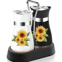 kumlioon Juego de salero y pimentero, salero y pimentero con forma de girasol con soportes para el mango - Decoración moderna de cocina de vidrio - Juego de salero y pimentero para el hogar, restaurante, boda - Accesorios de cocina lindos y elegantes, saleros, pimenteros, saleros y pimenteros de vidrio con base estable para utensilios de cocina, mesa, caravana, camping, barbacoa, botella rociadora, suministros de cocina