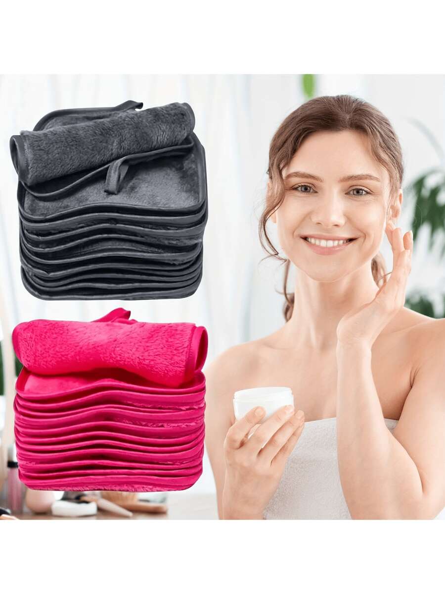 12 khăn lau mặt (Xám + Đỏ hồng), Khăn lau mặt loại bỏ dầu có móc treo, Nhẹ nhàng cho da, Có thể tái sử dụng và giặt được, Phù hợp với mọi loại da - Xám - Xem 1
