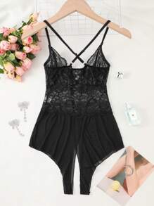 Floral Lace Teddy Bodysuit - Sultry V-Neck Halter Neckline, Exquisite Mesh Fabric, Daring Hot Cross Straps Semi-Sheer Panels Crotchless Design Intimate Fit - Designed For Women Seeking Sensual Lingerie Perfect For Romantic Evenings Or Special Occasions - 黑色 - 查看 9
