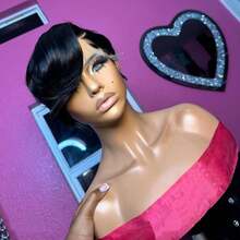 13x4x1 T型蕾丝前短假发，真人发丝质感，自然黑色，无需胶水即可佩戴的侧刘海，自然发际线，适合情人节和日常佩戴，短款层次感真人发假发，女士款 - 黑色 - 查看 4