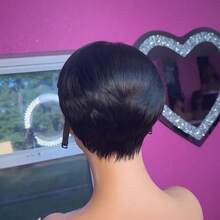 13x4x1 T型蕾丝前短假发，真人发丝质感，自然黑色，无需胶水即可佩戴的侧刘海，自然发际线，适合情人节和日常佩戴，短款层次感真人发假发，女士款 - 黑色 - 查看 5