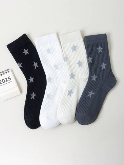 1/4足 レディース ファッション スター柄 ニーハイソックス、ミニマリスト 快適な ロングソックス、ブラック ホワイト グレー 多用途 チューブソックス、秋