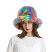 1pc Women Color Block Fluffy Bucket Hat For Winter Fashion Thick Warm Multi Colors Fox Fur Hats - Multicolor - View 7
