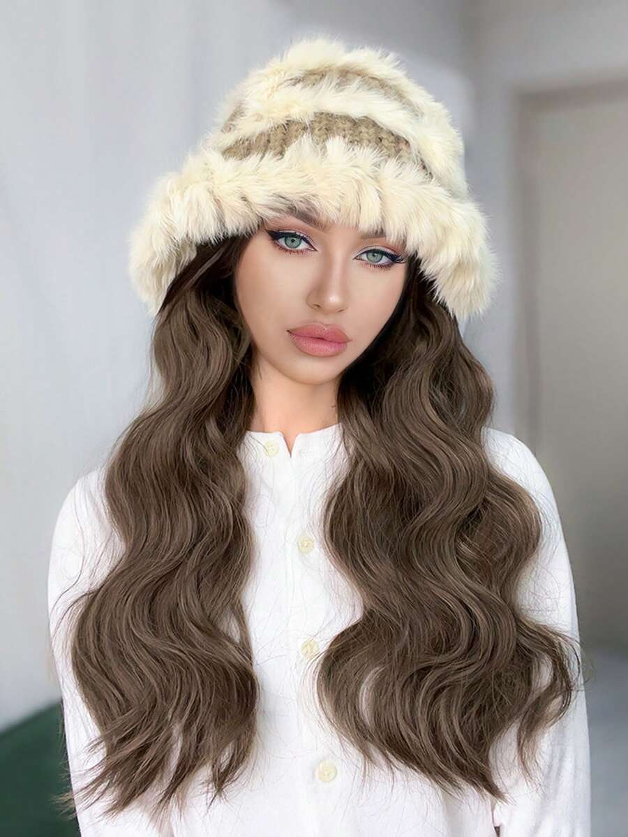 合成针织帽假发冬季保暖毛绒帽子长波浪假发女士秋冬毛绒针织帽，连体帽假发