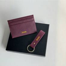 Customized Letter/Name Set, Solid Color Saffiano Texture PU Leather Universal Slim Card Holder Wallet And PU Leather Keychain Gift Box Set, Christmas/Birthday Gift, Personalized Men & Women PU Card Holder Wallet, Car Keychain Set, Valentine's Day Gift - Khaki - View 2