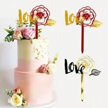 1 件亚克力红金爱心玫瑰蛋糕装饰，适用于情人节夫妇婚礼派对蛋糕装饰用品 - 彩色 - 查看 4