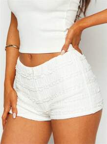 Women's Summer Bodycon Shorts Solid Color Low Waist Ruffled Mini Bow Front Short Pants - White - View 3