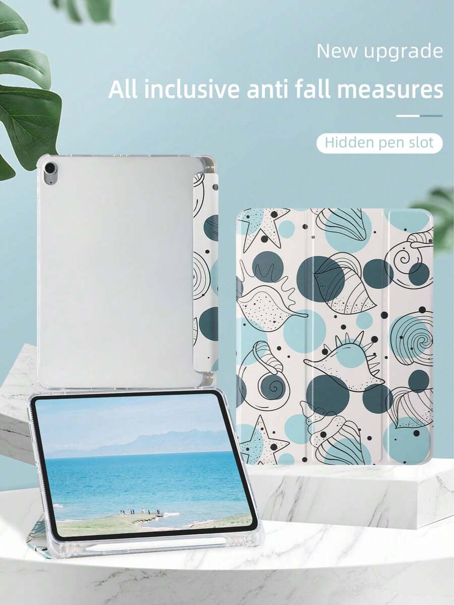 1 个透明笔槽三折线描贝壳彩绘平板平板电脑保护套，内置笔槽的 TPU 软壳，三折支架，磁性睡眠/唤醒，海洋生物/极简主义/个性化/创意设计，兼容 iPad Mini6/9.7/10.2/Air4/Air5/10.9/Pro 11 英寸/第 10 代/iPad Air 11 英寸 (M2)-2024、Tab A8 10.5 英寸 2022，产品不包括笔 - 彩色 - 查看 1
