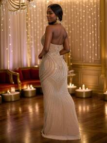 Elegant Mesh Halter Backless Maxi Rhinestoned Dress - Apricot - View 3