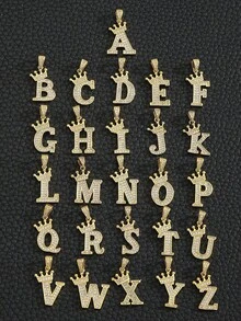 1 Set Cubic Zirconia Studded Crown & Letter Pendant Necklace With Stainless Steel Chain, And Matching Chain Bracelet, Unisex, Fashionable Accessory For Party, Banquet, And Casual Wear - Yellow Gold - View 5