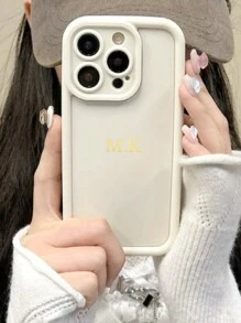 1 件定制哑光全覆盖手机壳，个性化字母名称，复古纯色情侣手机壳 - 白色 - 查看 4
