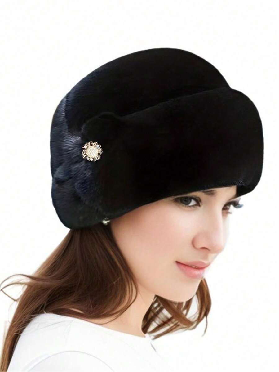 1 件装复古蓬松耳暖冬季头带，黑色舒适时尚蓬松帽子，适合中老年女性 - 帽子 - 查看 1