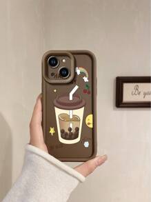 1pc Cartoon Milk Tea Print Mottled Brown Sand Texture Phone Case Compatible With Apple///Redmi/Infinix/Vivo - Brown - View 6