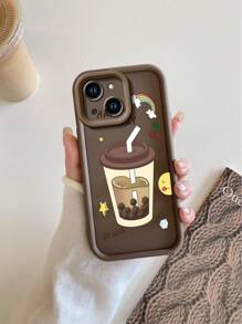 1pc Cartoon Milk Tea Print Mottled Brown Sand Texture Phone Case Compatible With Apple///Redmi/Infinix/Vivo - Brown - View 3