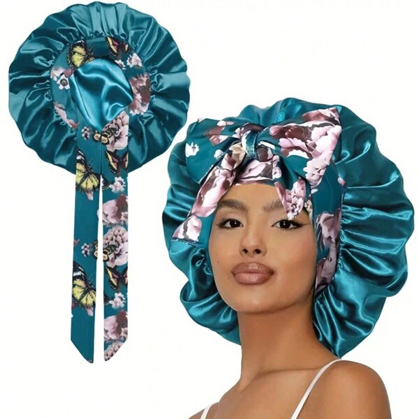 Awegeo Women' Bonnet Strap Printed Silk Smooth Satin Bonnet, Casual And Comfortable Sleeping Bonnet Turban