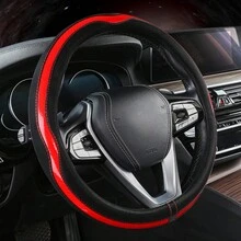 皮革和碳纤维图案汽车方向盘套 - 适用于各种汽车，耐用皮革套带防滑衬里，适用于直径为 14.5 英寸 - 15 英寸的方向盘 - 均碼 - 查看 2