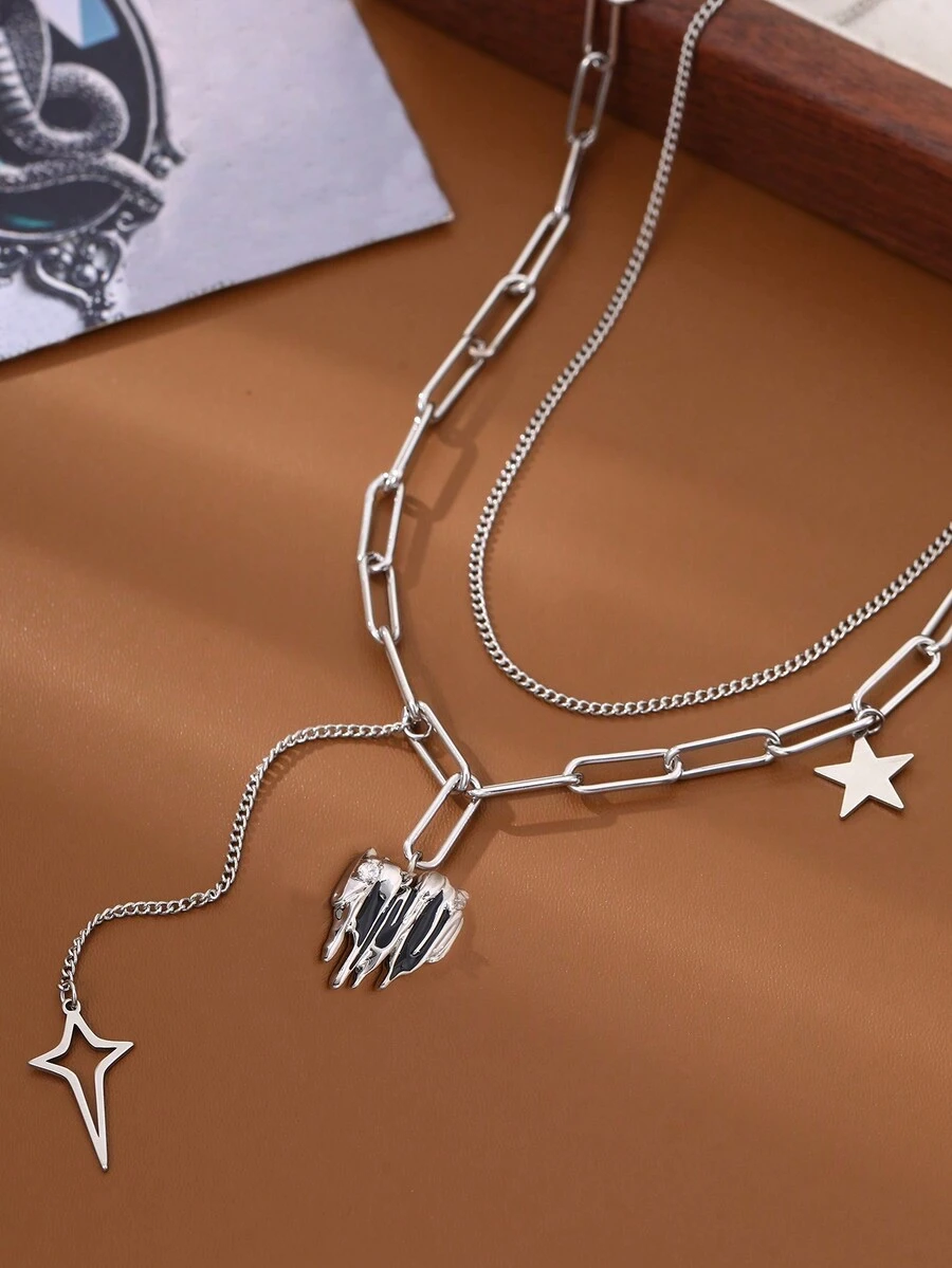 Bộ 2 chiếc/Bộ Vòng cổ choker nhiều lớp hình ngôi sao và tua rua độc đáo thanh lịch, phong cách tiệc tùng - Bạc - Xem 1