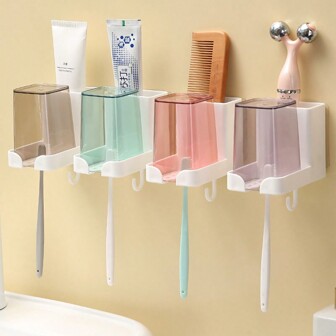 1-4pcs Toothbrush Holder Rack No Drilling, With Hooks, For Bathroom Rinsing Cup And Toothbrush Holder Wall Mount Organizer Set