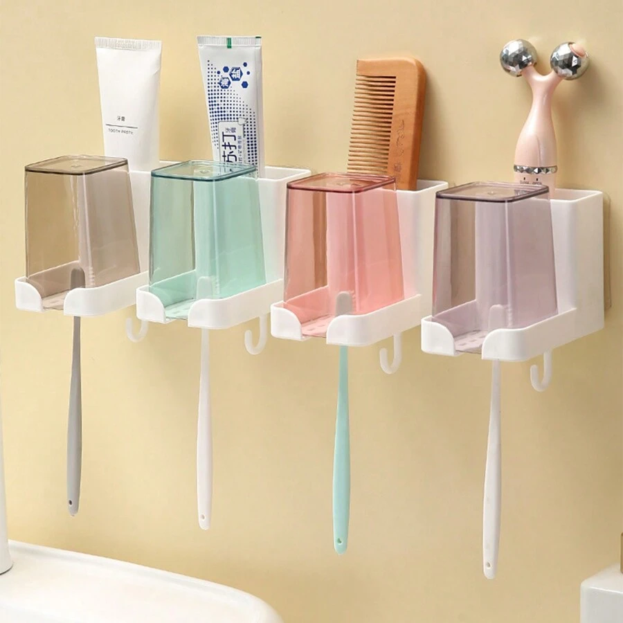 1-4pcs Toothbrush Holder Rack No Drilling, With Hooks, For Bathroom Rinsing Cup And Toothbrush Holder Wall Mount Organizer Set