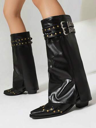 Women's Punk Flare Leg Tall High Heel Boots With Thick Heels And Belt Buckle