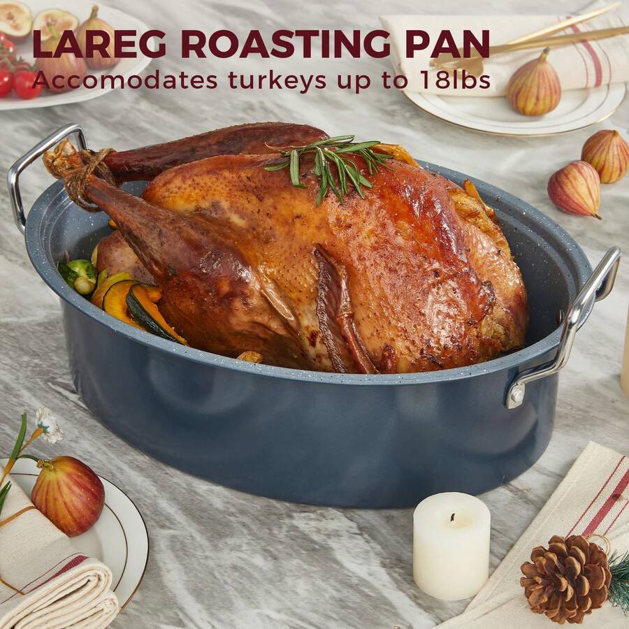 HONGBAKE 18 Inch Nonstick Turkey Roasting Pan With Rack And Lid, Carbon