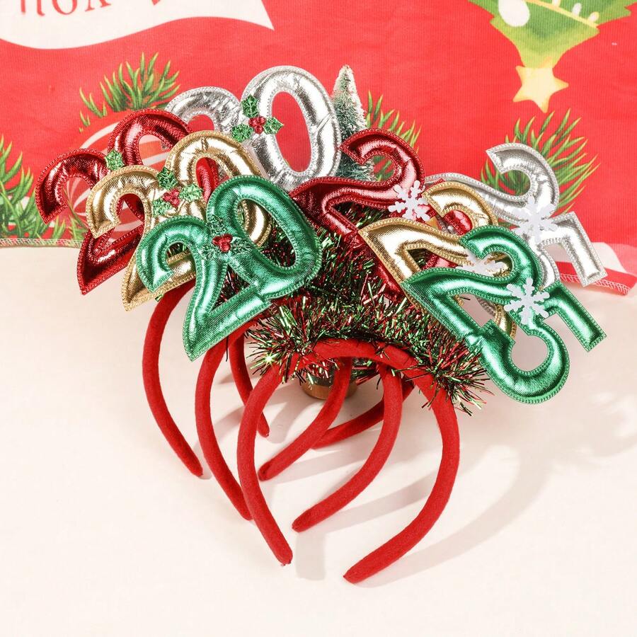 1 Chiếc Băng Đô Giáng Sinh Và Năm Mới 2025 Cho Nữ, Tóc Nén Cao Đầu, Tiệc Lễ, Phụ Kiện Tóc Lỗ Tóc - Băng đô giáng sinh và năm mới 2025-Bạc - Xem 1