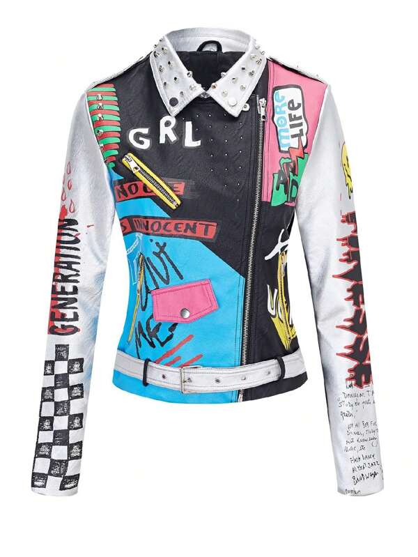 Chaqueta de piel sintética para mujer con remaches florales para motociclista y solapa corta