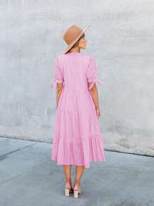 Easter Women Summer Casual V Neck Short Sleeve Midi Pleated Tiered Plaid Loose Maternity Holiday Picnic Long Dresses - 粉色 - 查看 5